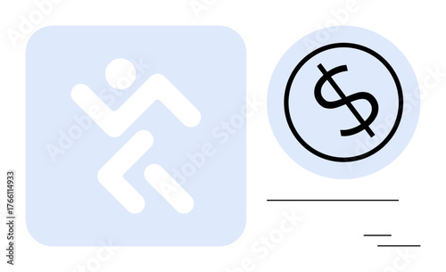 Abstract running figure next to a dollar sign. Ideal for finance, growth, motivation, business, goals, career, economy themes. Minimal outline design for simple flat metaphor