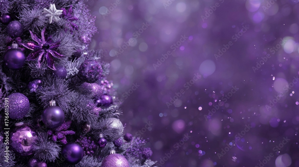 Fototapeta premium Purple Christmas tree with purple Christmas balls and a purple background