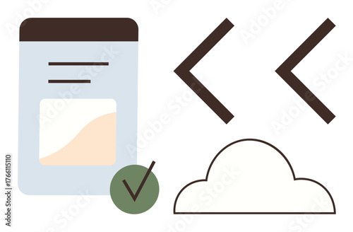 Data storage with a file, a verification checkmark, coding brackets, and a cloud. Ideal for digital storage, development, cloud services, technology automation data integrity programming. Simple