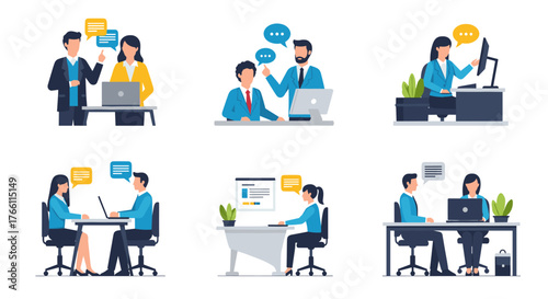 Illustrations of business people communicating and working at desks with speech bubbles on transparent background