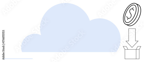 Cloud with monetary coin and download arrow directed at a box. Ideal for savings, investment, cloud technology, budgeting, financial planning, online storage, digital economy. Simple flat metaphor