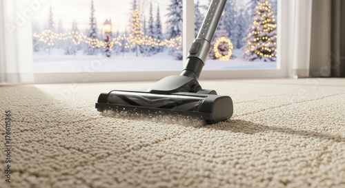 Vacuum cleaner head cleaning a beige carpet with a snowy landscape and Christmas trees visible through a window.