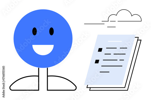 Blue smiling face figure beside a detailed document and cloud element. Ideal for teamwork, productivity, learning, organization, optimism, communication, documentation. A simple flat metaphor