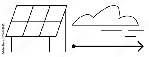Solar panel capturing energy, cloud suggesting weather impact, arrow indicating flow. Ideal for energy, sustainability, technology, environment, renewable resource, innovation eco-friendly simple