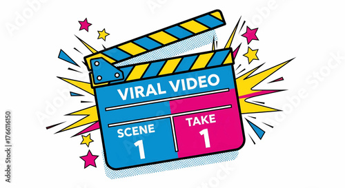 Viral video clapperboard concept for digital marketing, business, and advertising in a pop art vector illustration
