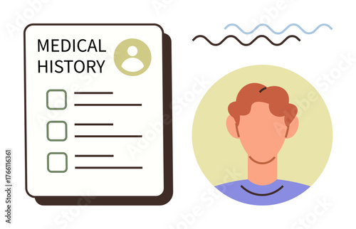 Medical history form with checklist and male avatar suggesting healthcare, patient records, diagnosis, or accessibility. Ideal for health apps, medical services, patient profiles, healthcare