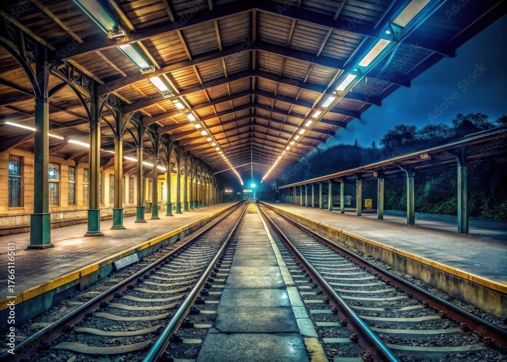 Naklejka premium Abandoned train station platform with old tracks and dim lighting
