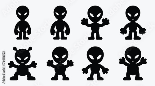 Collection of Eight Black and White Cartoon Alien Characters Design