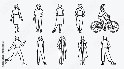 Collection of stylized people in diverse outfits and poses line art
