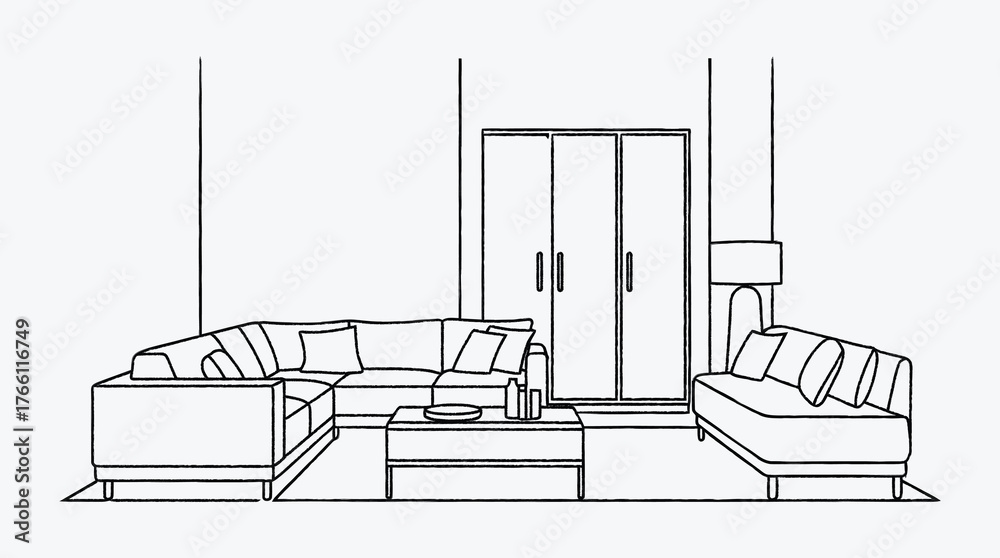 Fototapeta premium Modern Living Room Interior Sketch with Sofa Chaise and Closet