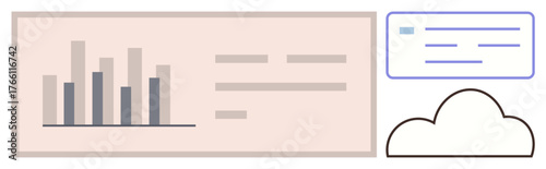 Bar chart with analysis lines, cloud icon, and layered text boxes. Ideal for analytics, cloud computing, data storage, business growth, digital platforms, data visualization and online services