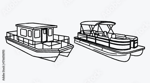 Outlined drawings of two different pontoon boats in black and white