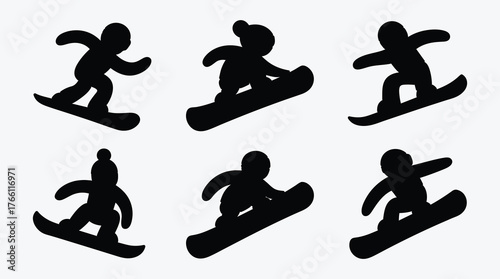 Snowboarders in Action Silhouettes on White Background for Winter Sports