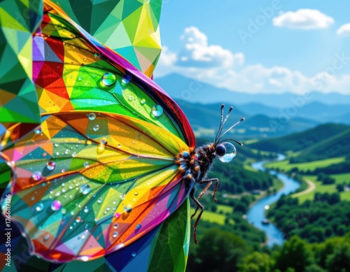 Colorful Mosaic Butterfly Structure Scenic Landscape Sunset