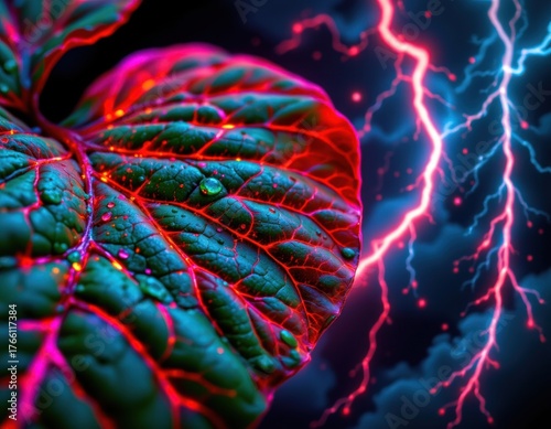 Vivid Leaves with Purple Veins and Blue Background