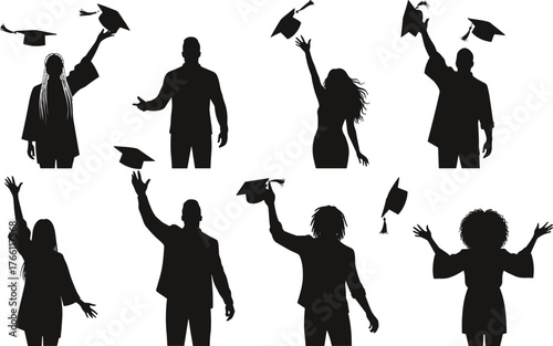 Silhouette graduates celebrating success, throwing caps, education achievement concept, academic milestone, student celebration, black figures, isolated white background illustration