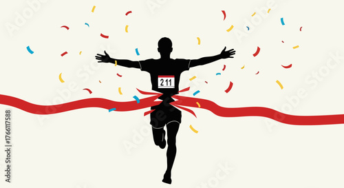 Runner crossing finish line with confetti, celebrating victory.