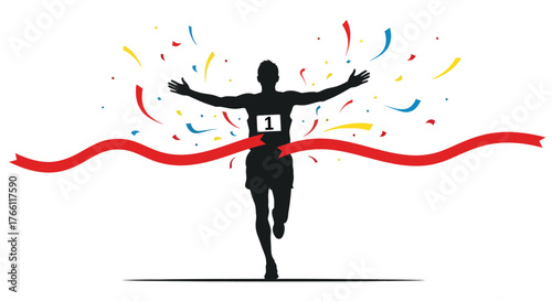 Silhouette of a runner crossing the finish line with confetti in the background.