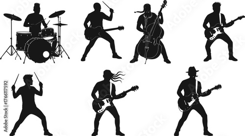 Silhouette musicians playing instruments, drummer, guitarist, cellist, live band performance concept, artistic music expression, black figures, isolated white background