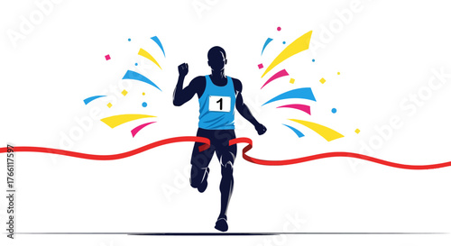 Runner crossing finish line with colorful confetti, celebrating victory.