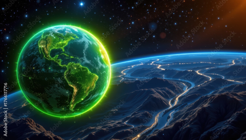 Fototapeta premium Futuristic Space Background with Earth and Green Globe Sign