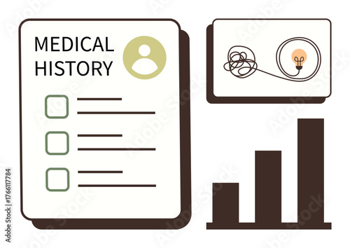Document with medical history checklist, tangled path to idea lightbulb, bar graph growth chart. Ideal for healthcare, analysis, growth, innovation, data progress research. Simple flat metaphor