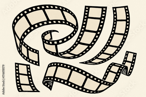 Black and white illustration of stylized film strips in dynamic flowing shapes