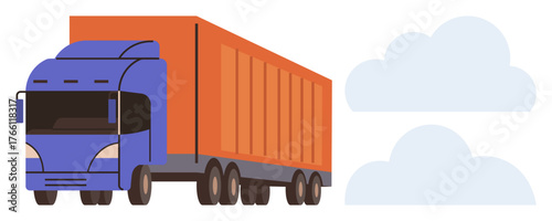 Blue semi-truck carrying an orange container with two light blue clouds in the sky. Ideal for transportation, logistics, delivery, shipping, freight, fleet management, trucking services. A simple