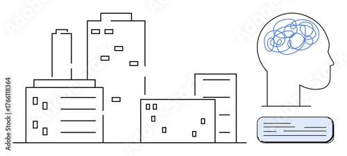 City buildings alongside an abstract human head outlined with a swirling brain design on a pedestal. Ideal for creativity, innovation, psychology, urban development, modernity, neuroscience