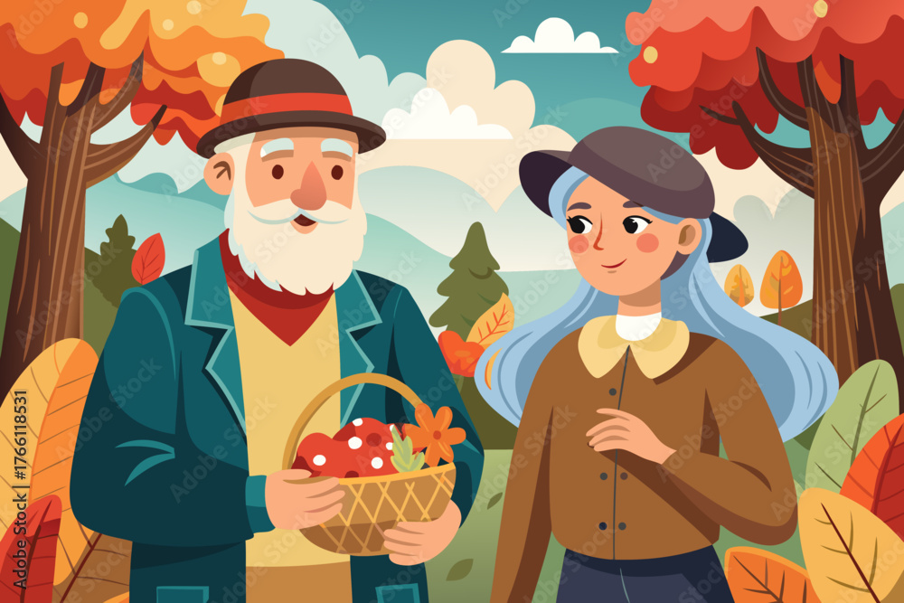 Obraz premium Elderly man holding a basket of mushrooms smiles at a woman in a cozy sweater, surrounded by vibrant autumn leaves, enjoying seasonal activities in nature