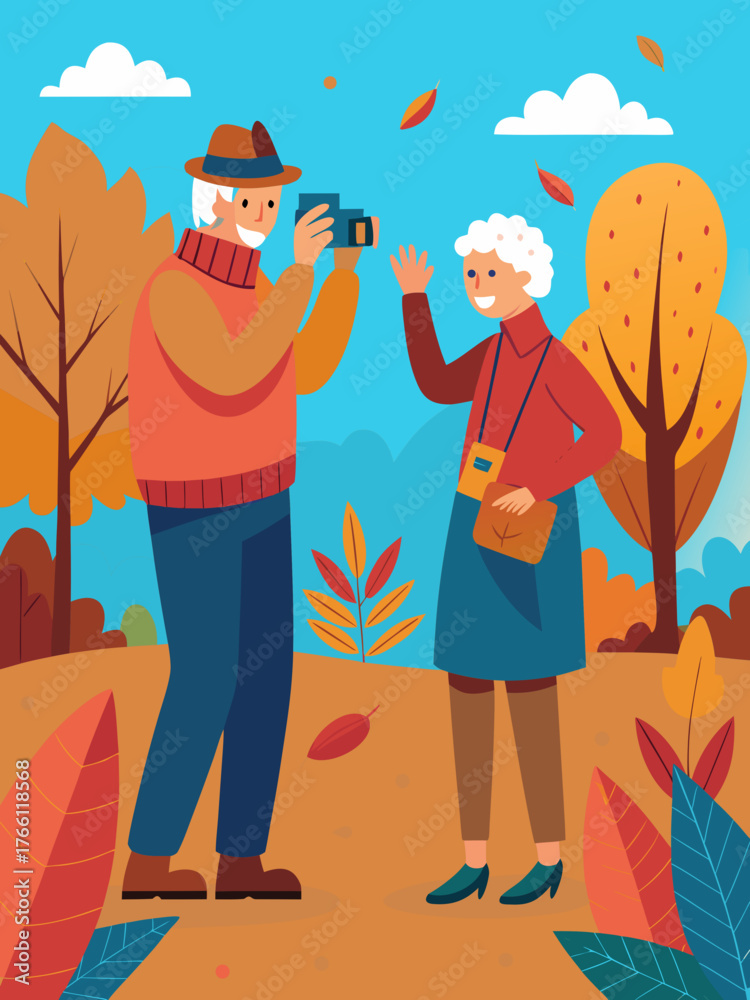 Fototapeta premium Elderly man taking a photo of smiling woman in colorful autumn park, surrounded by vibrant leaves and trees, capturing joyful moments in the fall season with copy space