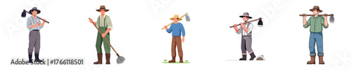 Farm Field Worker Flat Vector Illustration Male Farmer with Hoe Tool
