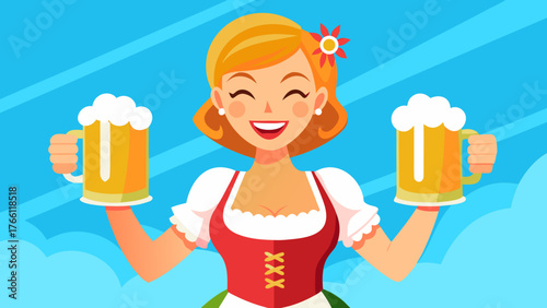 Smiling waitress in traditional dirndl holding two large beer mugs, celebrating Oktoberfest with a joyful expression and vibrant blue sky background, embodying festive spirit and cultural heritage