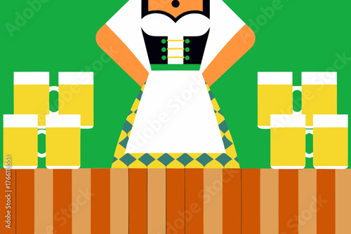 Vector art of a waitress in a dirndl costume standing confidently behind a wooden bar, surrounded by beer mugs, celebrating the festive spirit of Oktoberfest with vibrant colors and lively atmosphere
