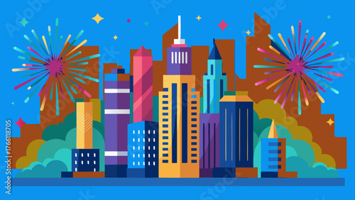 Flat vector illustration of a vibrant city skyline illuminated by colorful fireworks, celebrating New Year's Eve with a festive atmosphere and bright visual elements