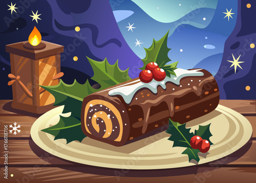 Chocolate yule log decorated with powdered sugar and holly, placed on a festive plate, surrounded by a cozy Christmas atmosphere with candlelight and winter scenery