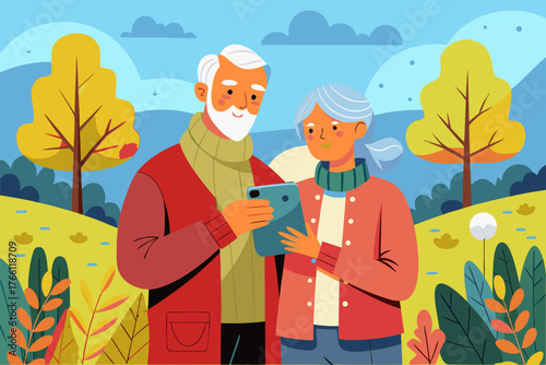 Elderly couple enjoying autumn outdoors, sharing photos on a tablet, surrounded by colorful foliage and trees in a vibrant flat illustration style