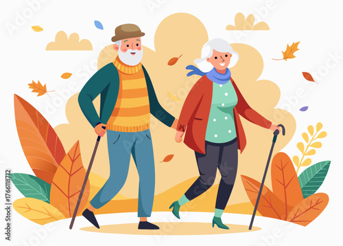 Happy elderly couple walking hand in hand through autumn leaves, enjoying the vibrant colors of fall while embracing the beauty of nature and companionship in a serene outdoor setting