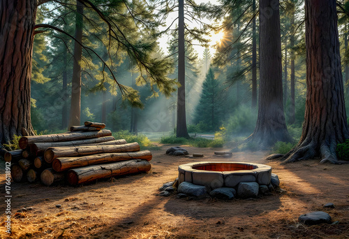 Old weathered logs stacked beside a stone fire ring sit in a sunlit forest clearing surrounded by tall pine trees and dry grass suggesting a rustic campsite in nature