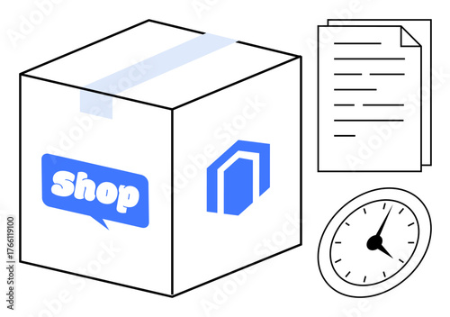 Cardboard box labeled shop, documents, and clock emphasize online shopping, delivery, and timing. Ideal for ecommerce, logistics, shipping, customer service retail punctuality simple flat metaphor