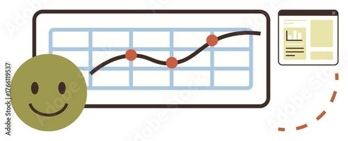Smiling face near upward trending graph with data points and analytics screen. Ideal for growth, success, feedback, performance, analytics, user experience, progress. Simple flat metaphor