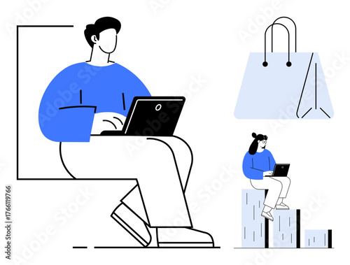 Man typing on laptop, woman with laptop sitting on chart bars, shopping bag nearby. Ideal for ecommerce, remote work, digital interaction, online analysis, consumer behavior, data usage simple flat