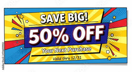 Dynamic pop art vector illustration for business advertising and marketing, featuring a colorful sale