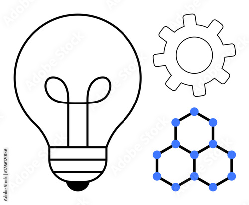 Light bulb represents ideas and creativity, gear symbolizes mechanics and technology, molecular structure denotes science and research. Ideal for science, innovation, engineering, creativity
