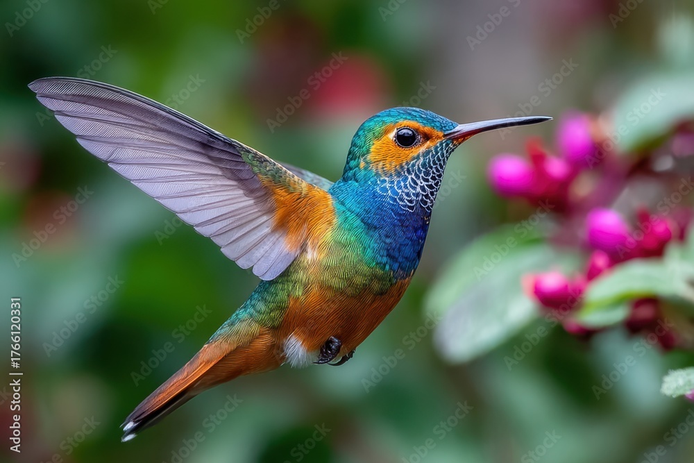 Fototapeta premium Hummingbird in Flight Near Pink Flowers