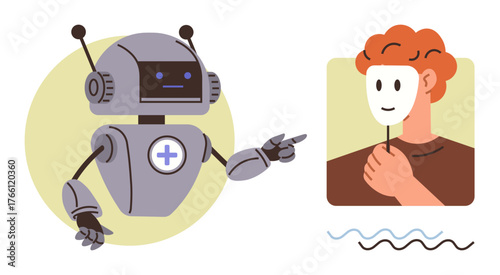 Robot analyzes person holding mask, symbolizing technology uncovering truth, AI, and human emotions. Ideal for AI ethics, human-computer interaction, deception, technology, cybersecurity identity
