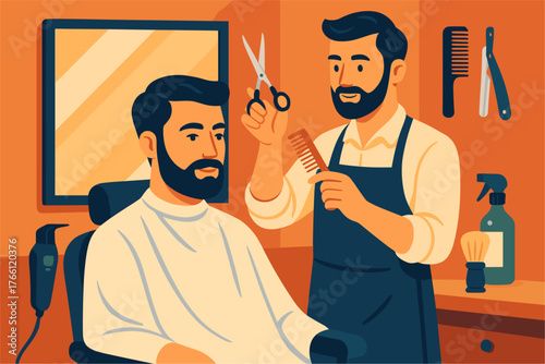 Barber cutting man’s hair in barbershop — professional hairstylist and grooming service illustration