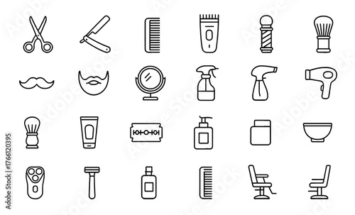 Barbershop equipment line icons — grooming and hairdressing tools vector set