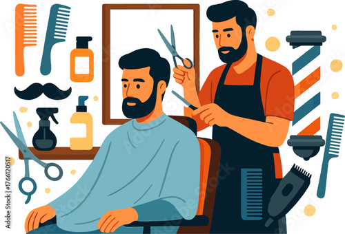 Barber cutting hair in modern barbershop — professional hairstylist and grooming concept illustration
