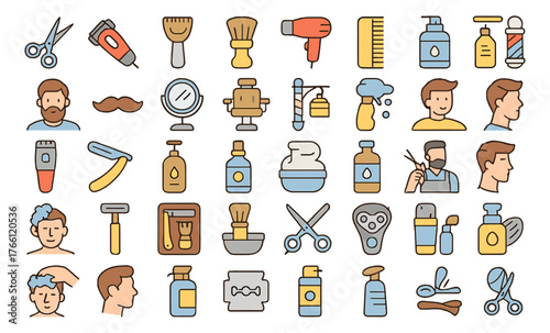 Barber shop tools and hair styling icons — grooming, shaving and beauty salon equipment set
